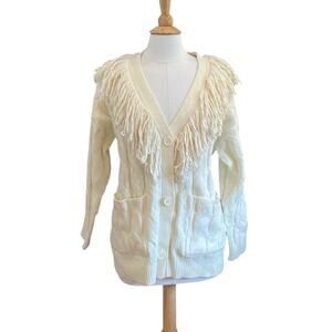New Max Studio Ivory Cable Knit Long Cardigan Sweater, Fringe Collar, Size S
